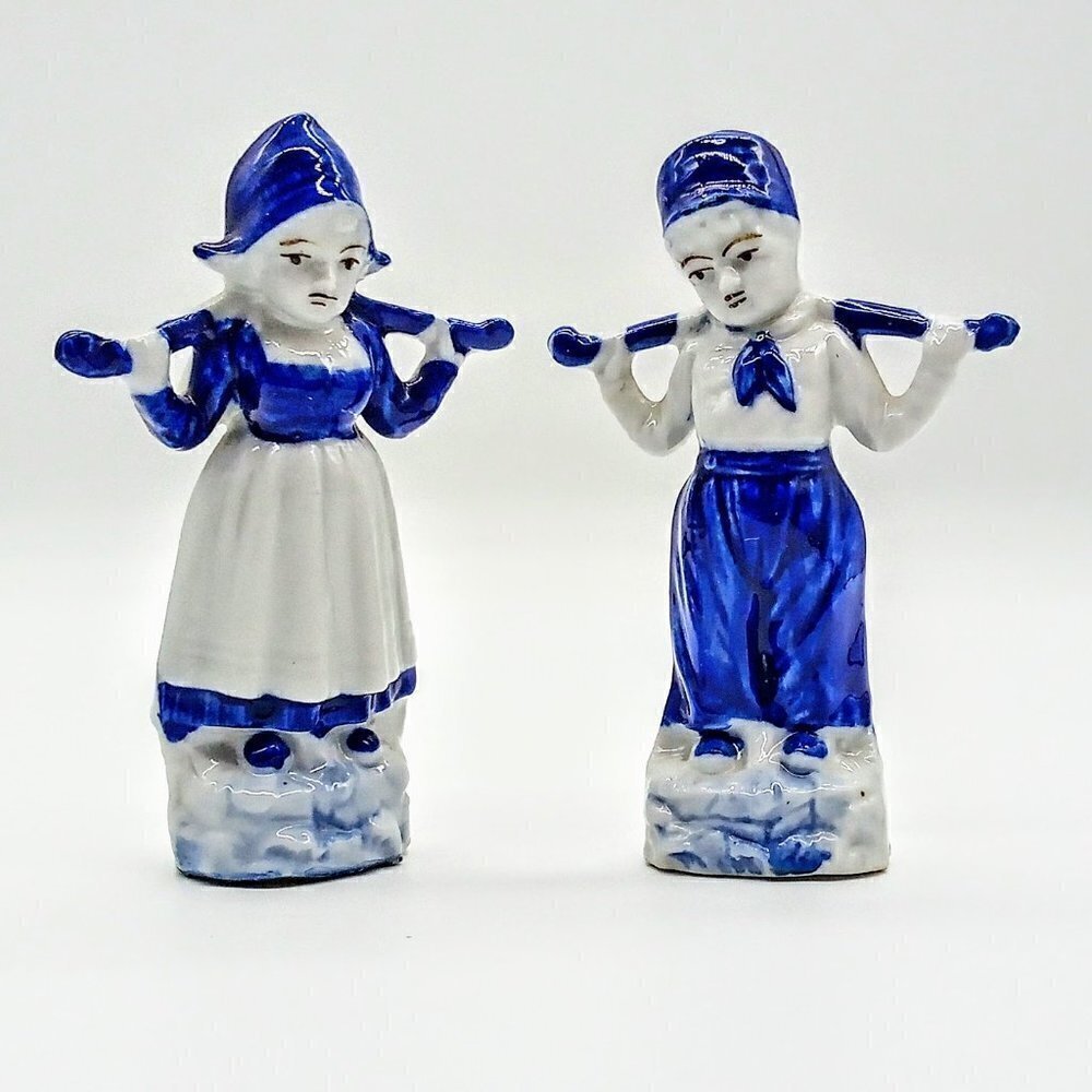 Pair of Hand-Painted Porcelain Blue & White Dutch Boy and Girl Figurines